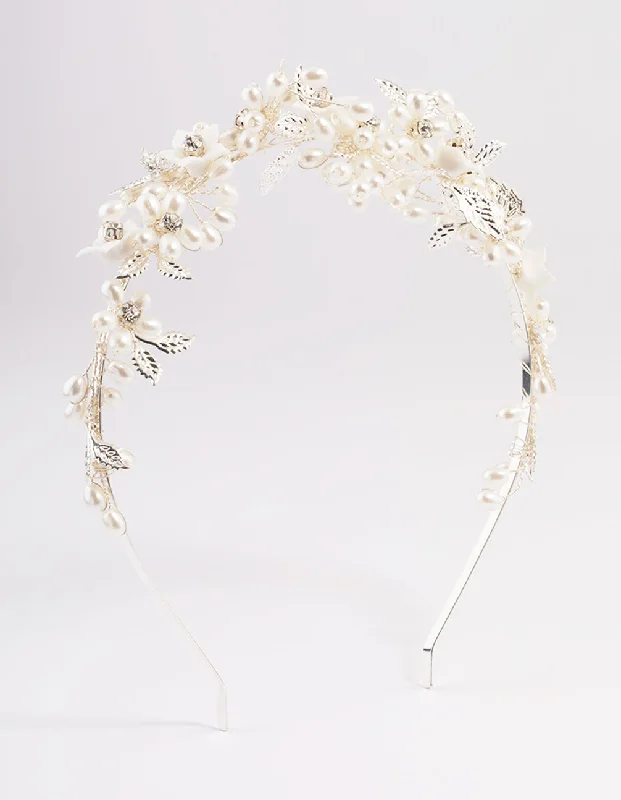 Silver Flower & Leaf Vine Headband