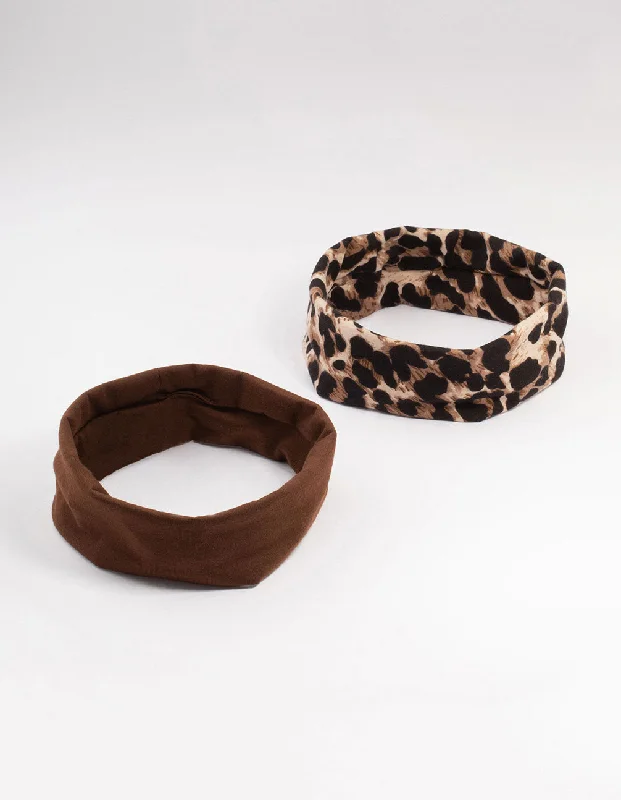 Brown & Leopard Print Stretch Fabric Headbands 2-Pack